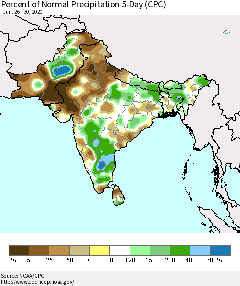 Southern Asia Percent of Normal Precipitation 5-Day (CPC) Thematic Map For 6/26/2020 - 6/30/2020