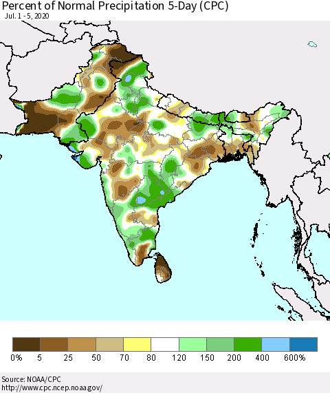 Southern Asia Percent of Normal Precipitation 5-Day (CPC) Thematic Map For 7/1/2020 - 7/5/2020