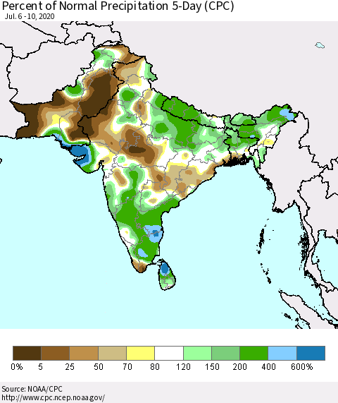 Southern Asia Percent of Normal Precipitation 5-Day (CPC) Thematic Map For 7/6/2020 - 7/10/2020