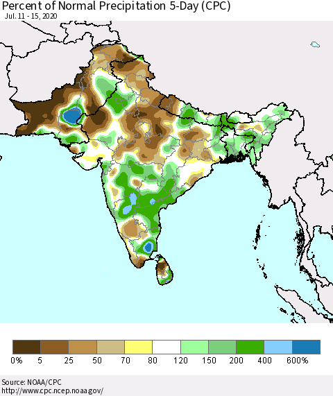 Southern Asia Percent of Normal Precipitation 5-Day (CPC) Thematic Map For 7/11/2020 - 7/15/2020
