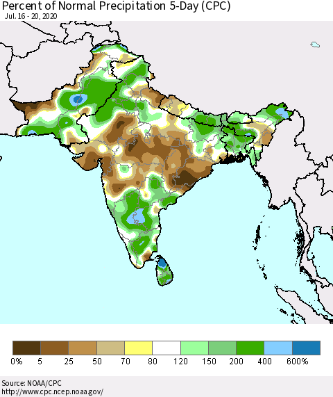 Southern Asia Percent of Normal Precipitation 5-Day (CPC) Thematic Map For 7/16/2020 - 7/20/2020