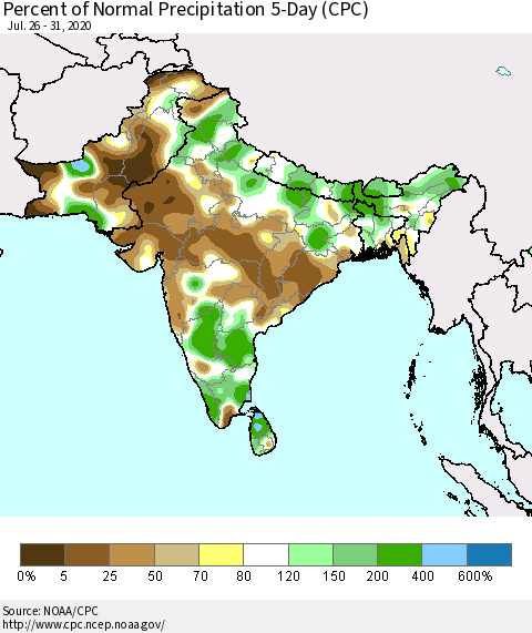 Southern Asia Percent of Normal Precipitation 5-Day (CPC) Thematic Map For 7/26/2020 - 7/31/2020