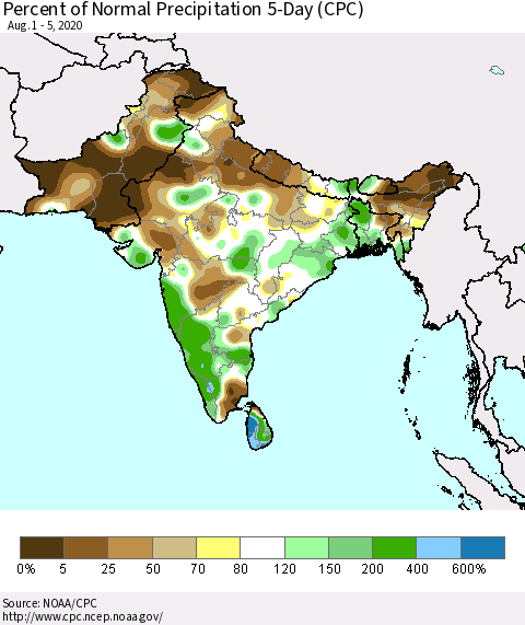 Southern Asia Percent of Normal Precipitation 5-Day (CPC) Thematic Map For 8/1/2020 - 8/5/2020