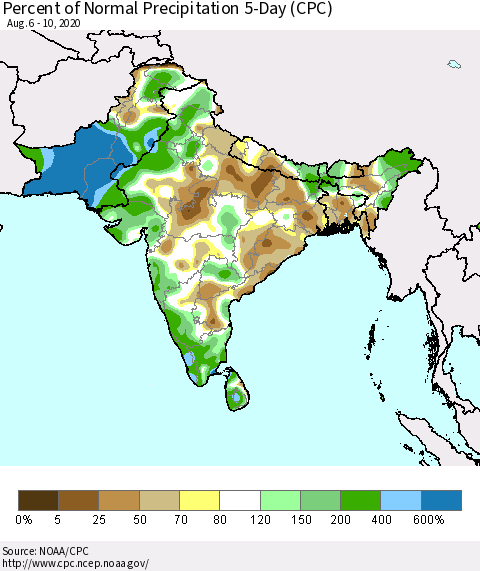 Southern Asia Percent of Normal Precipitation 5-Day (CPC) Thematic Map For 8/6/2020 - 8/10/2020