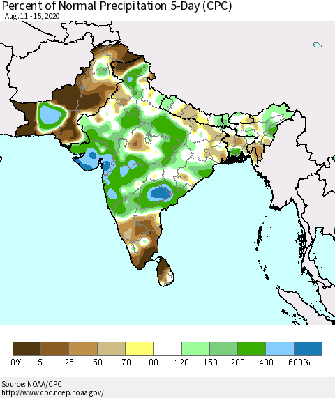 Southern Asia Percent of Normal Precipitation 5-Day (CPC) Thematic Map For 8/11/2020 - 8/15/2020