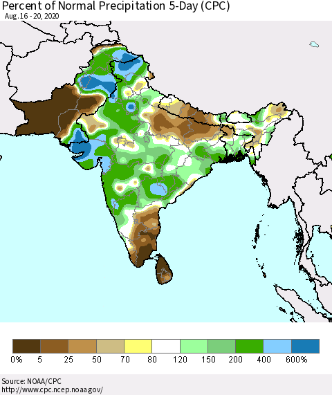 Southern Asia Percent of Normal Precipitation 5-Day (CPC) Thematic Map For 8/16/2020 - 8/20/2020