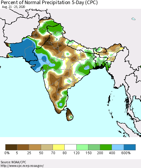 Southern Asia Percent of Normal Precipitation 5-Day (CPC) Thematic Map For 8/21/2020 - 8/25/2020