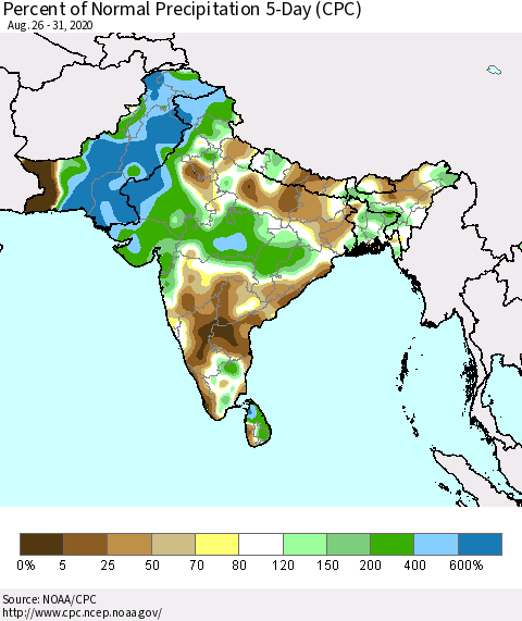 Southern Asia Percent of Normal Precipitation 5-Day (CPC) Thematic Map For 8/26/2020 - 8/31/2020