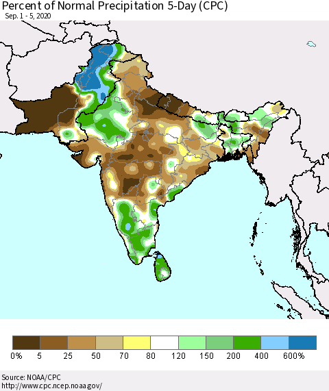 Southern Asia Percent of Normal Precipitation 5-Day (CPC) Thematic Map For 9/1/2020 - 9/5/2020