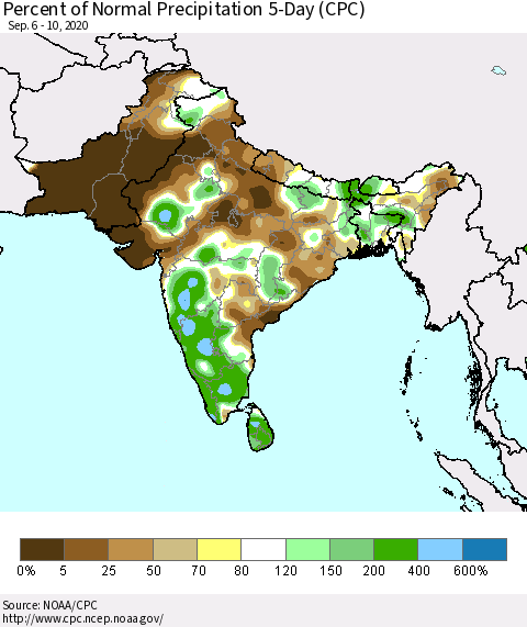 Southern Asia Percent of Normal Precipitation 5-Day (CPC) Thematic Map For 9/6/2020 - 9/10/2020