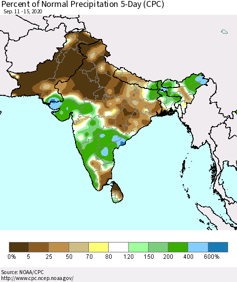 Southern Asia Percent of Normal Precipitation 5-Day (CPC) Thematic Map For 9/11/2020 - 9/15/2020