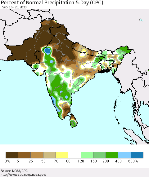 Southern Asia Percent of Normal Precipitation 5-Day (CPC) Thematic Map For 9/16/2020 - 9/20/2020