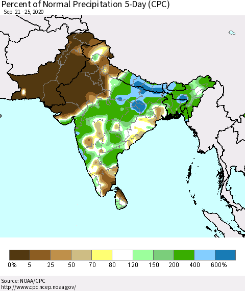 Southern Asia Percent of Normal Precipitation 5-Day (CPC) Thematic Map For 9/21/2020 - 9/25/2020