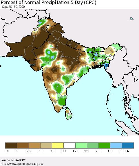 Southern Asia Percent of Normal Precipitation 5-Day (CPC) Thematic Map For 9/26/2020 - 9/30/2020