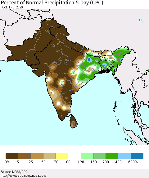 Southern Asia Percent of Normal Precipitation 5-Day (CPC) Thematic Map For 10/1/2020 - 10/5/2020