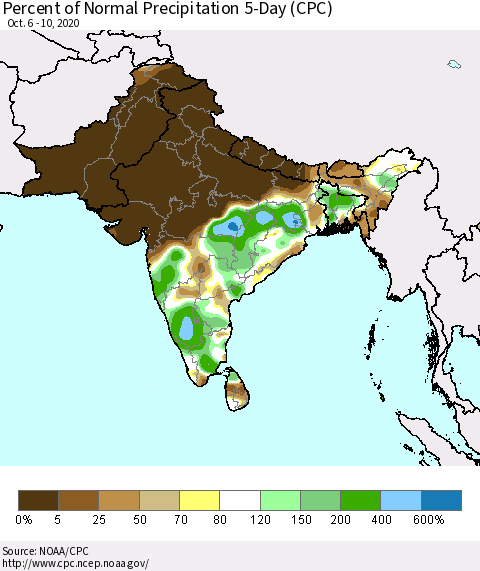 Southern Asia Percent of Normal Precipitation 5-Day (CPC) Thematic Map For 10/6/2020 - 10/10/2020