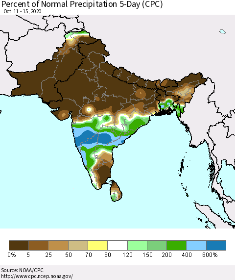 Southern Asia Percent of Normal Precipitation 5-Day (CPC) Thematic Map For 10/11/2020 - 10/15/2020