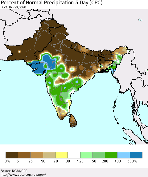 Southern Asia Percent of Normal Precipitation 5-Day (CPC) Thematic Map For 10/16/2020 - 10/20/2020