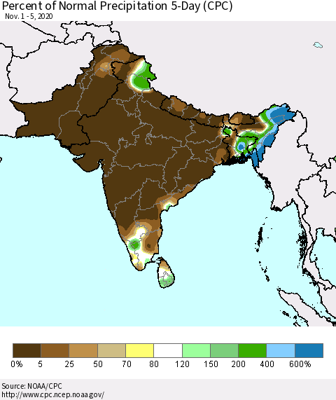 Southern Asia Percent of Normal Precipitation 5-Day (CPC) Thematic Map For 11/1/2020 - 11/5/2020