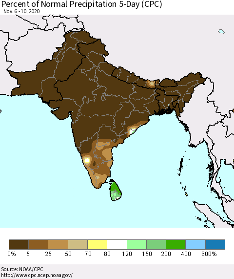 Southern Asia Percent of Normal Precipitation 5-Day (CPC) Thematic Map For 11/6/2020 - 11/10/2020