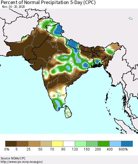 Southern Asia Percent of Normal Precipitation 5-Day (CPC) Thematic Map For 11/16/2020 - 11/20/2020
