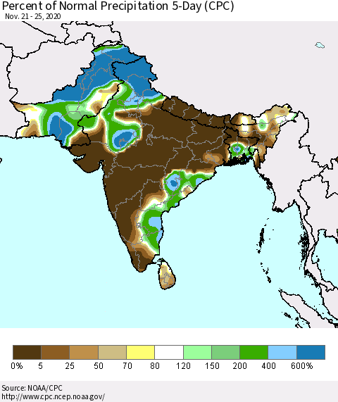 Southern Asia Percent of Normal Precipitation 5-Day (CPC) Thematic Map For 11/21/2020 - 11/25/2020