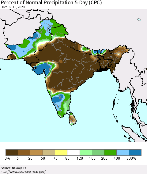 Southern Asia Percent of Normal Precipitation 5-Day (CPC) Thematic Map For 12/6/2020 - 12/10/2020