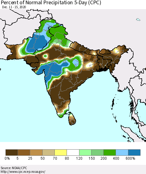 Southern Asia Percent of Normal Precipitation 5-Day (CPC) Thematic Map For 12/11/2020 - 12/15/2020