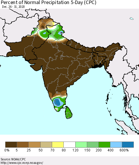 Southern Asia Percent of Normal Precipitation 5-Day (CPC) Thematic Map For 12/26/2020 - 12/31/2020