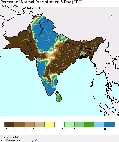 Southern Asia Percent of Normal Precipitation 5-Day (CPC) Thematic Map For 1/1/2021 - 1/5/2021