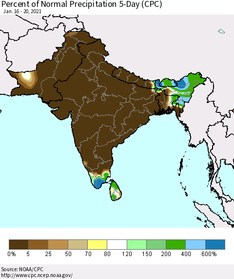 Southern Asia Percent of Normal Precipitation 5-Day (CPC) Thematic Map For 1/16/2021 - 1/20/2021