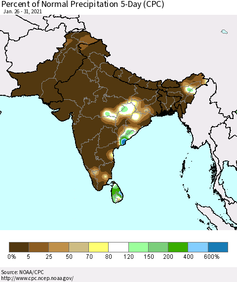 Southern Asia Percent of Normal Precipitation 5-Day (CPC) Thematic Map For 1/26/2021 - 1/31/2021