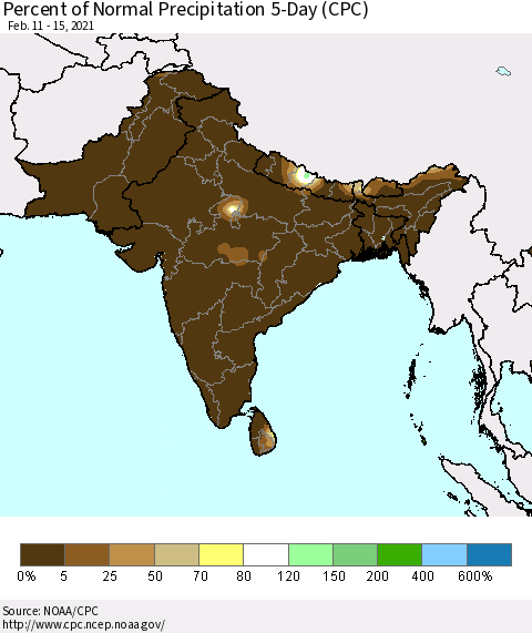 Southern Asia Percent of Normal Precipitation 5-Day (CPC) Thematic Map For 2/11/2021 - 2/15/2021