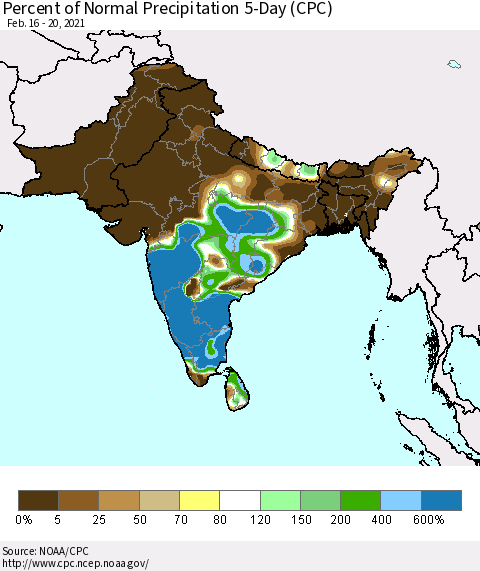 Southern Asia Percent of Normal Precipitation 5-Day (CPC) Thematic Map For 2/16/2021 - 2/20/2021
