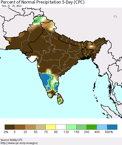 Southern Asia Percent of Normal Precipitation 5-Day (CPC) Thematic Map For 2/21/2021 - 2/25/2021