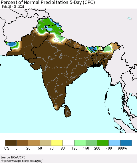Southern Asia Percent of Normal Precipitation 5-Day (CPC) Thematic Map For 2/26/2021 - 2/28/2021