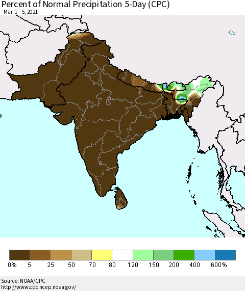Southern Asia Percent of Normal Precipitation 5-Day (CPC) Thematic Map For 3/1/2021 - 3/5/2021