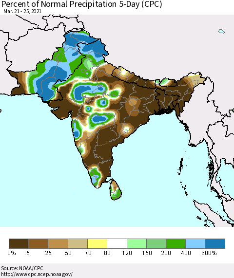 Southern Asia Percent of Normal Precipitation 5-Day (CPC) Thematic Map For 3/21/2021 - 3/25/2021