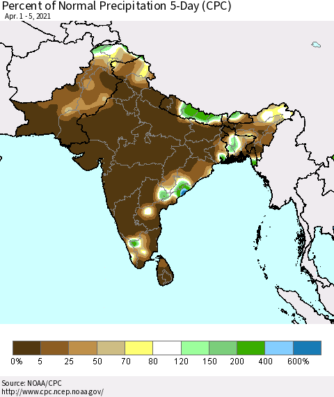 Southern Asia Percent of Normal Precipitation 5-Day (CPC) Thematic Map For 4/1/2021 - 4/5/2021
