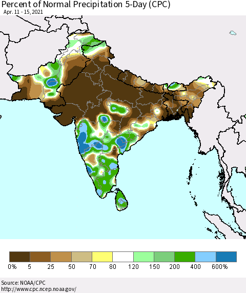 Southern Asia Percent of Normal Precipitation 5-Day (CPC) Thematic Map For 4/11/2021 - 4/15/2021