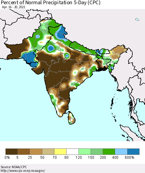 Southern Asia Percent of Normal Precipitation 5-Day (CPC) Thematic Map For 4/16/2021 - 4/20/2021