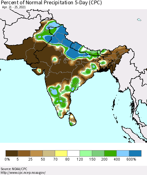 Southern Asia Percent of Normal Precipitation 5-Day (CPC) Thematic Map For 4/21/2021 - 4/25/2021