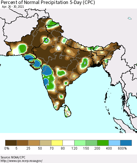 Southern Asia Percent of Normal Precipitation 5-Day (CPC) Thematic Map For 4/26/2021 - 4/30/2021