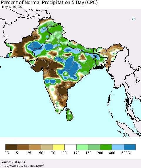 Southern Asia Percent of Normal Precipitation 5-Day (CPC) Thematic Map For 5/6/2021 - 5/10/2021