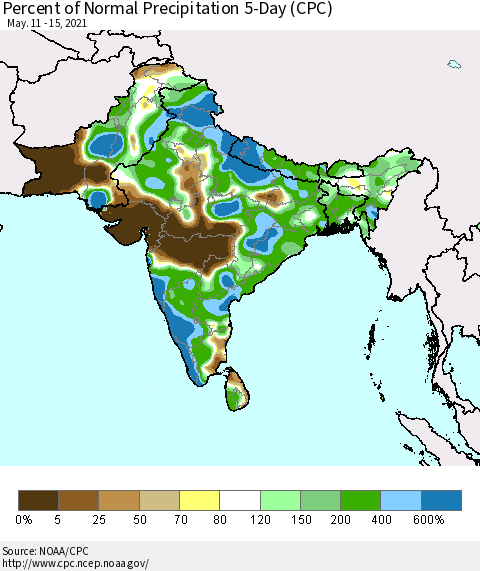 Southern Asia Percent of Normal Precipitation 5-Day (CPC) Thematic Map For 5/11/2021 - 5/15/2021