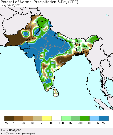 Southern Asia Percent of Normal Precipitation 5-Day (CPC) Thematic Map For 5/16/2021 - 5/20/2021