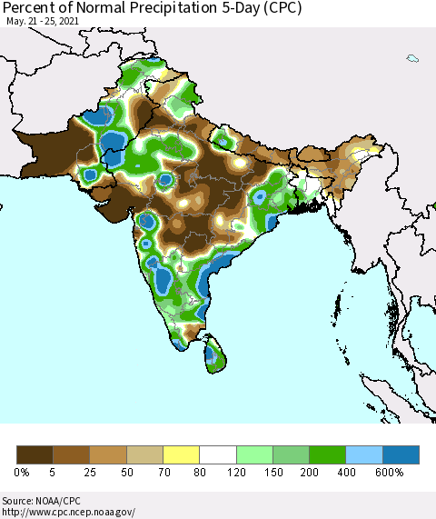 Southern Asia Percent of Normal Precipitation 5-Day (CPC) Thematic Map For 5/21/2021 - 5/25/2021