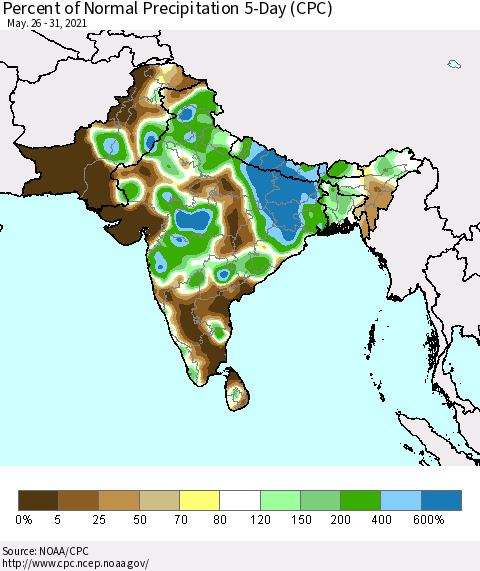 Southern Asia Percent of Normal Precipitation 5-Day (CPC) Thematic Map For 5/26/2021 - 5/31/2021
