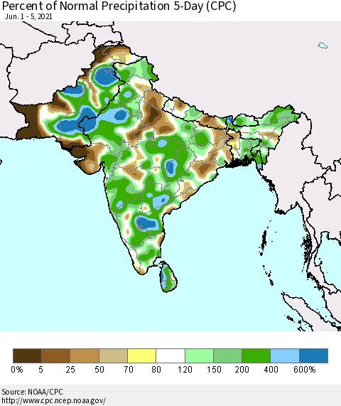 Southern Asia Percent of Normal Precipitation 5-Day (CPC) Thematic Map For 6/1/2021 - 6/5/2021