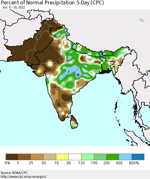 Southern Asia Percent of Normal Precipitation 5-Day (CPC) Thematic Map For 6/6/2021 - 6/10/2021